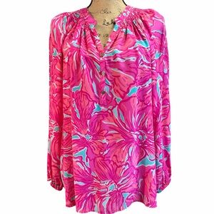 Lilly Pulitzer Elsa Pink and Blue 100% silk Patterned Tunic Top. EC. Size. Large